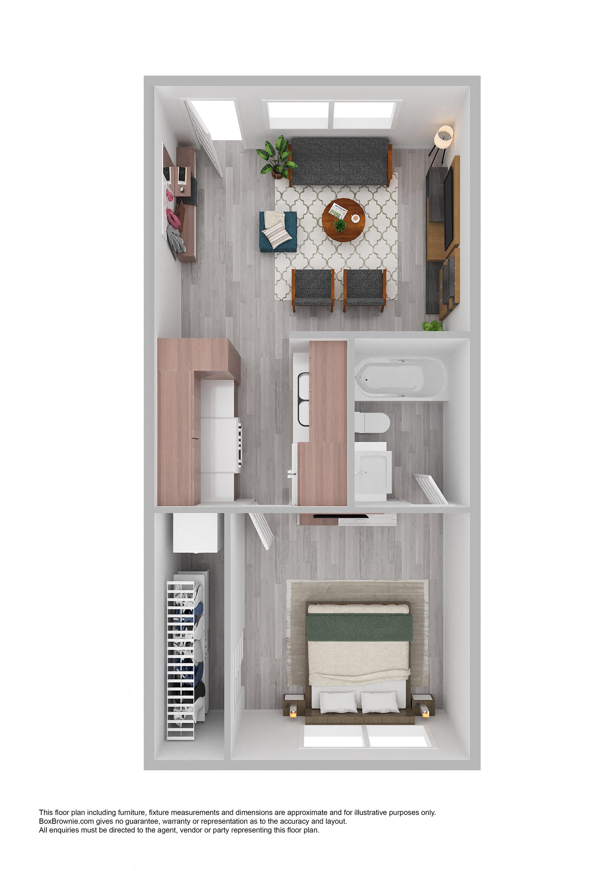Floor plan for 1 bed, 1 bath, 380 sqft